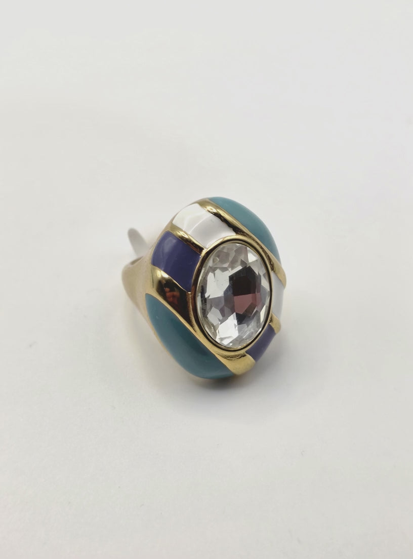 "Vintage Gold Enamel Swarovski Crystal Statement Ring Blue White Purple Cocktail Ring"