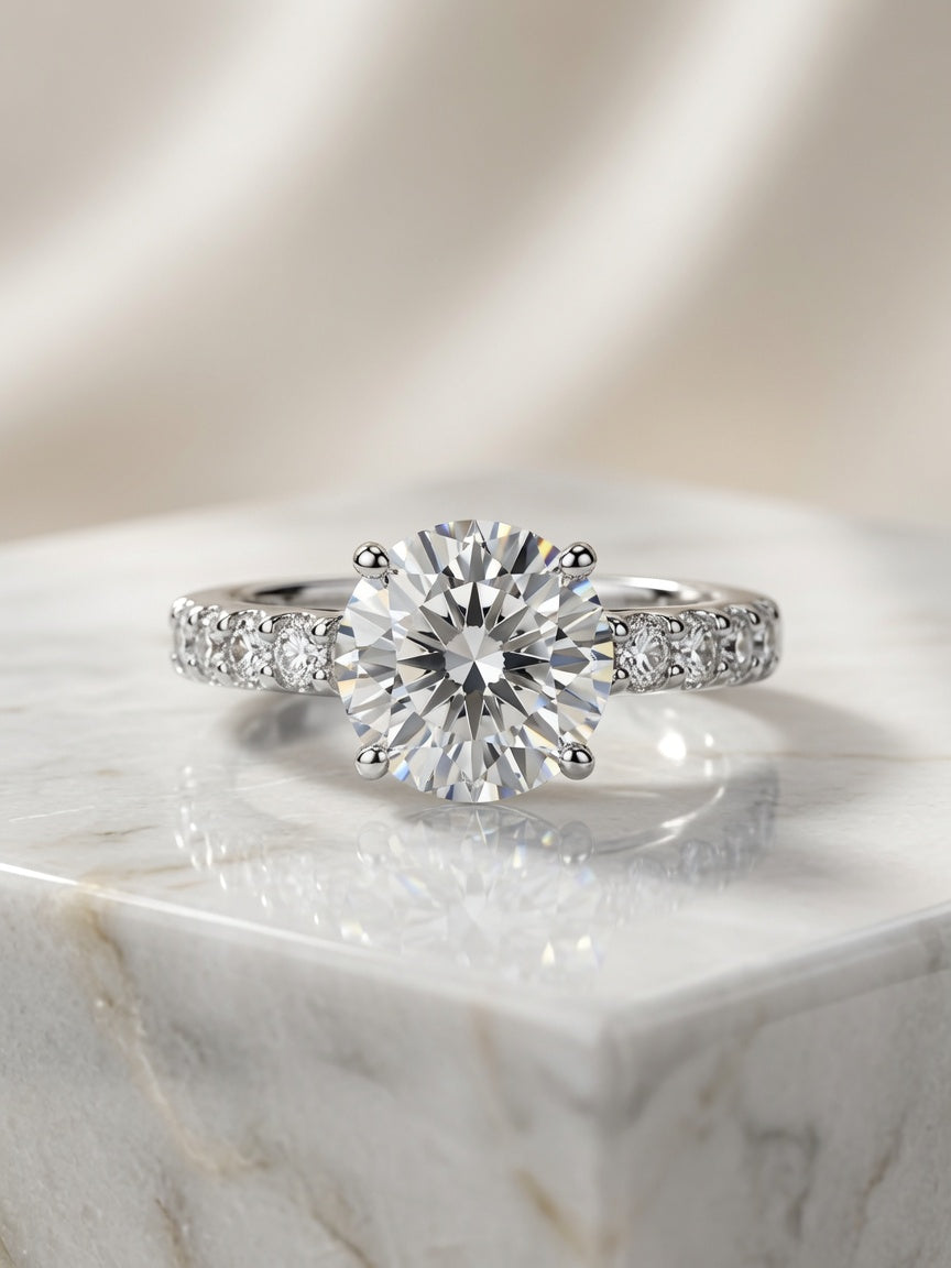 Divolina 3 Carat Lab Grown Diamond Solitaire Engagement Ring 14K White Gold with Side Stones"