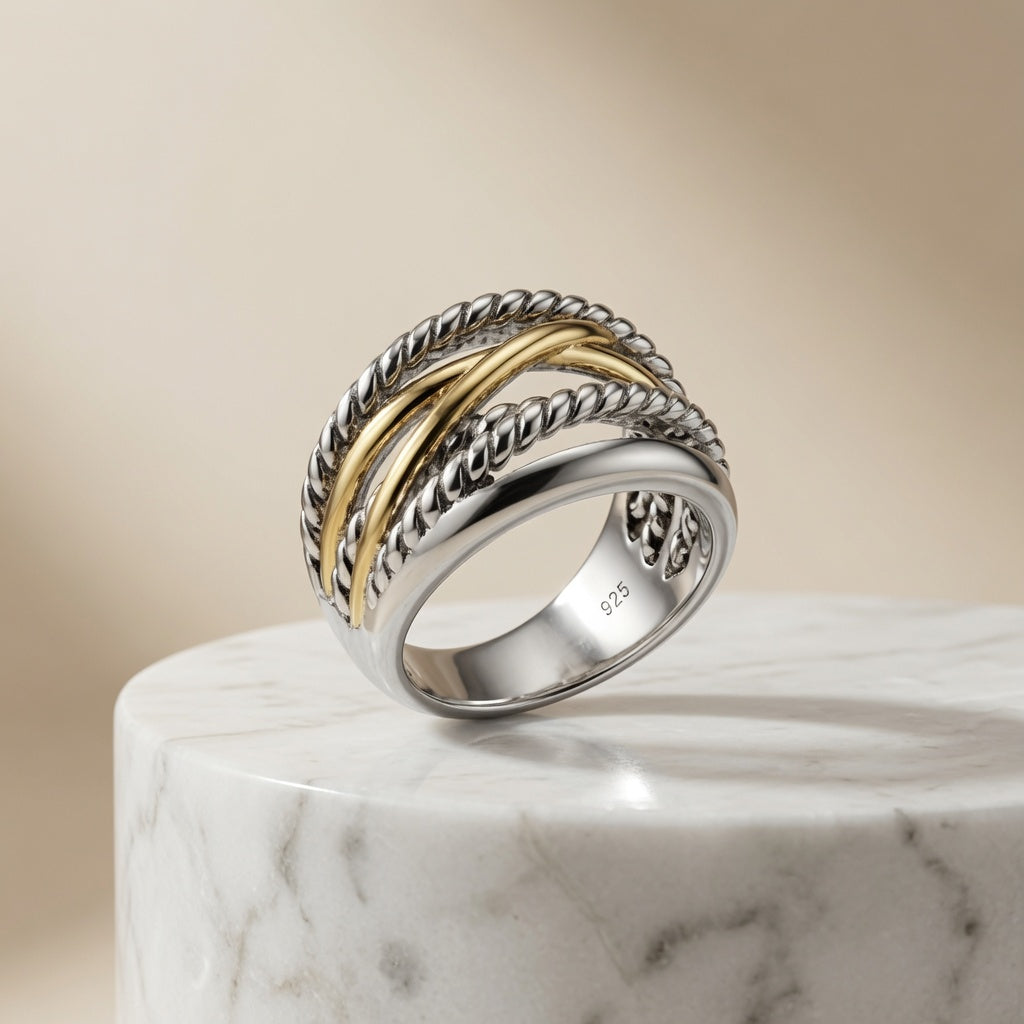 Divolina "Sterling Silver & 18K Gold Twisted Rope Band Ring 925 750 Statement Jewelry"