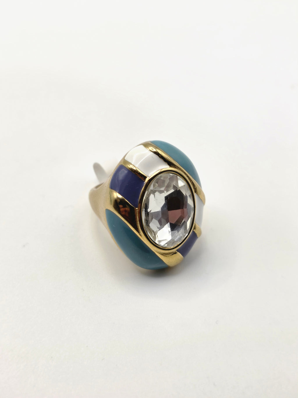 "Vintage Gold Enamel Swarovski Crystal Statement Ring Blue White Purple Cocktail Ring"