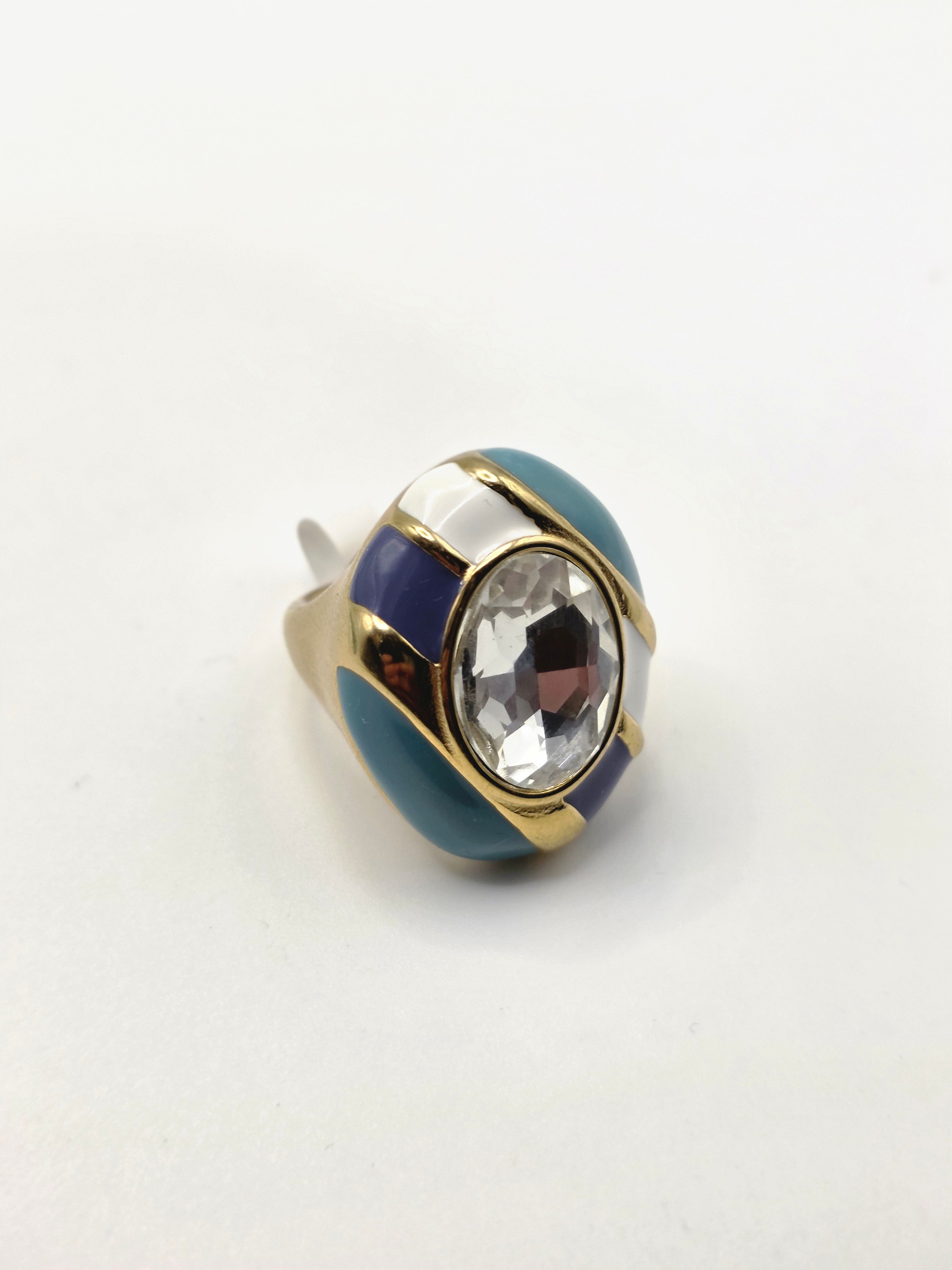 "Vintage Gold Enamel Swarovski Crystal Statement Ring Blue White Purple Cocktail Ring"