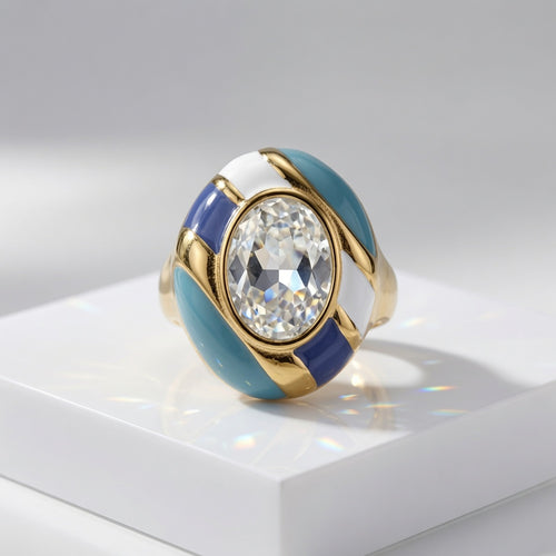 "Vintage Gold Enamel Swarovski Crystal Statement Ring Blue White Purple Cocktail Ring"