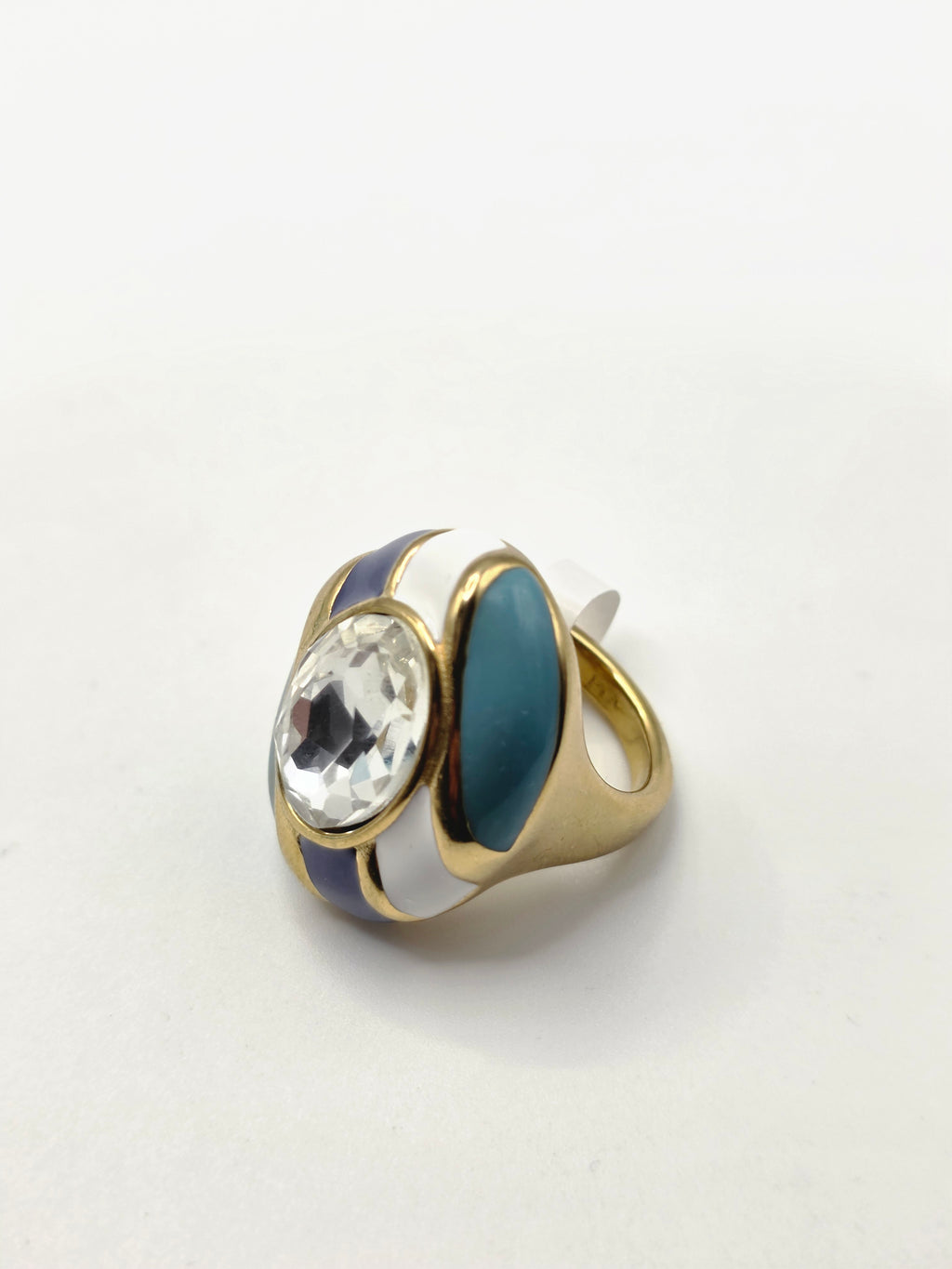 "Vintage Gold Enamel Swarovski Crystal Statement Ring Blue White Purple Cocktail Ring"